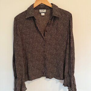 The Look Randolph Duke Size 10 Polka Dot Ruffle Sleeve Shirt Brown • 100% Silk